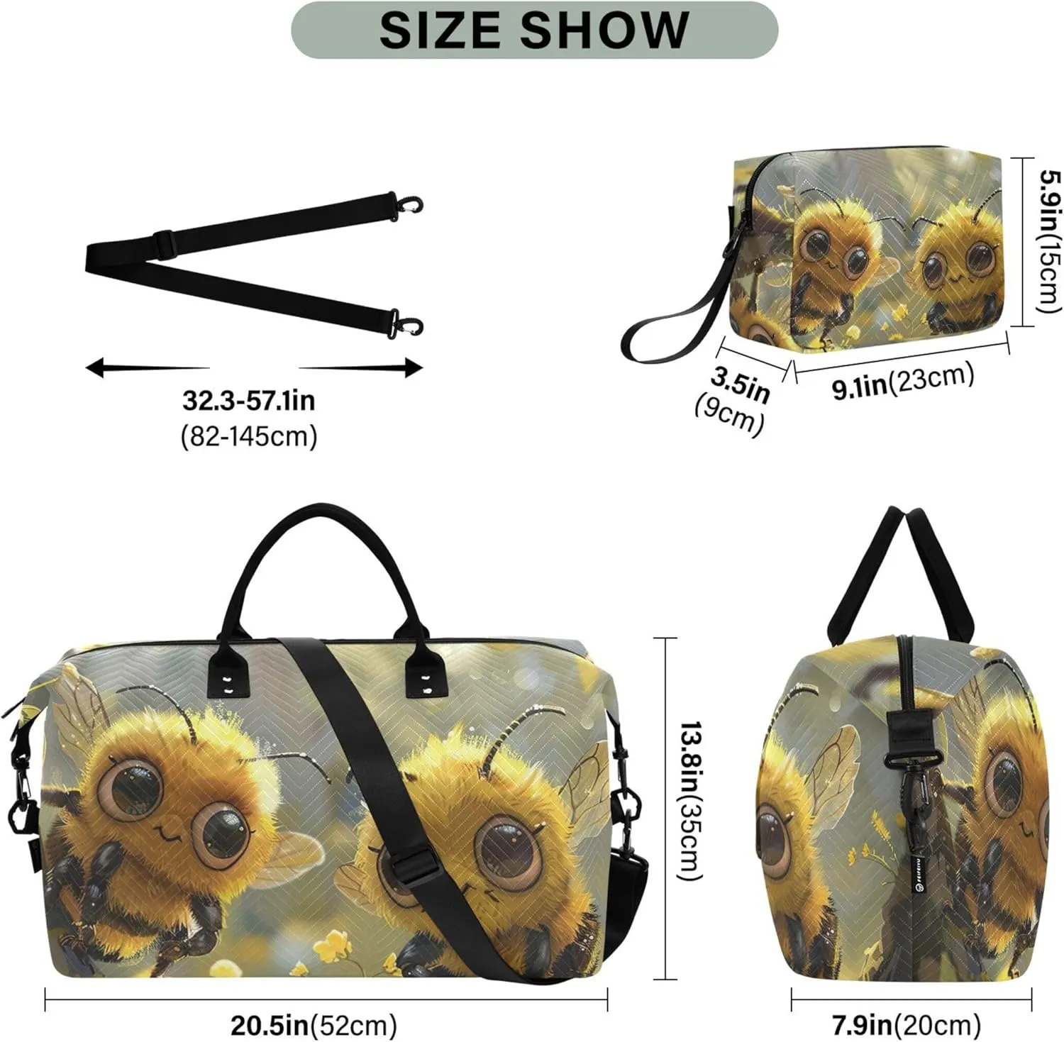 Cute Cartoon Bees Duffel Bag Womens Makeup Pouch Set of 2, Cute Women Sports Bags Carry on Bags for Airplanes