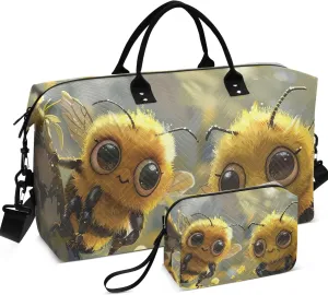 Cute Cartoon Bees Duffel Bag Womens Makeup Pouch Set of 2, Cute Women Sports Bags Carry on Bags for Airplanes