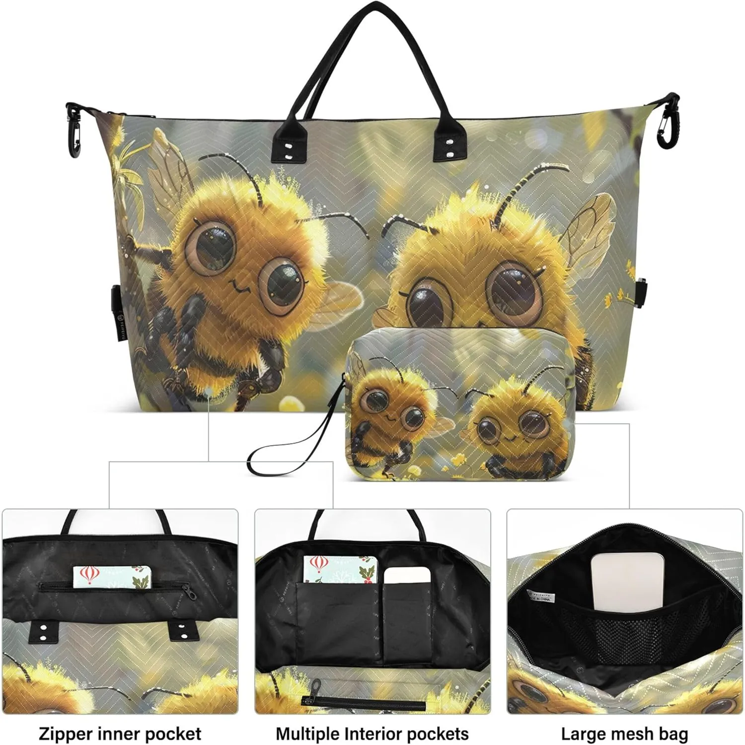 Cute Cartoon Bees Duffel Bag Womens Makeup Pouch Set of 2, Cute Women Sports Bags Carry on Bags for Airplanes