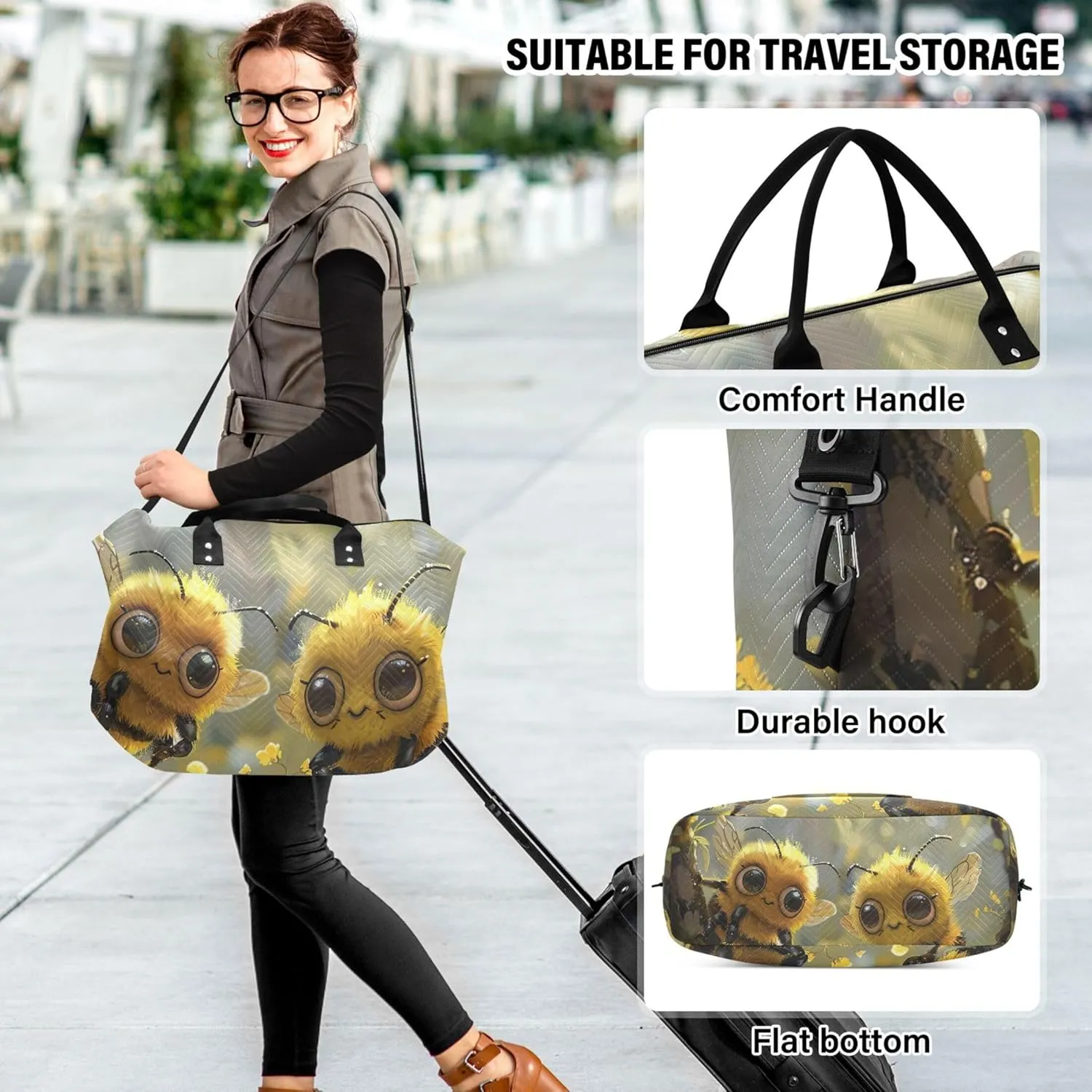 Cute Cartoon Bees Duffel Bag Womens Makeup Pouch Set of 2, Cute Women Sports Bags Carry on Bags for Airplanes