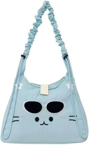 Cute Cat Messenger Bag Tote Bag Funny Crossbody Bag for Women Japanese Cartoon Purse (Blue)