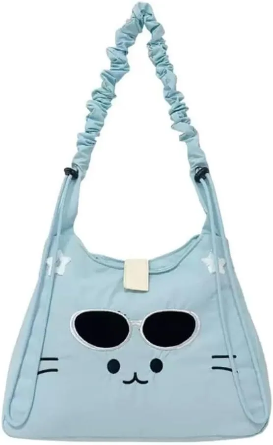 Cute Cat Messenger Bag Tote Bag Funny Crossbody Bag for Women Japanese Cartoon Purse (Blue)