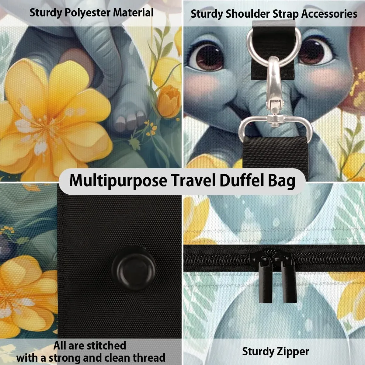 Cute Elephant Travel Duffel Bag for Women Men Waterproof Foldable Overnight Weekender Bag Large Capacity Sports Gym Bag