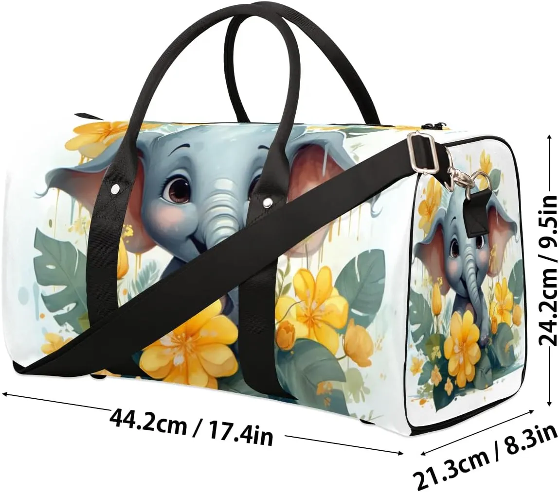 Cute Elephant Travel Duffel Bag for Women Men Waterproof Foldable Overnight Weekender Bag Large Capacity Sports Gym Bag
