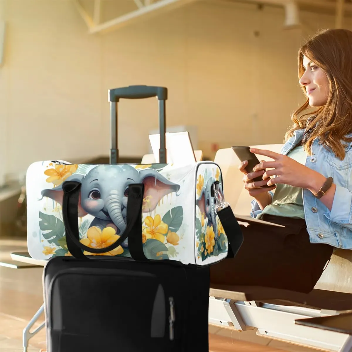 Cute Elephant Travel Duffel Bag for Women Men Waterproof Foldable Overnight Weekender Bag Large Capacity Sports Gym Bag