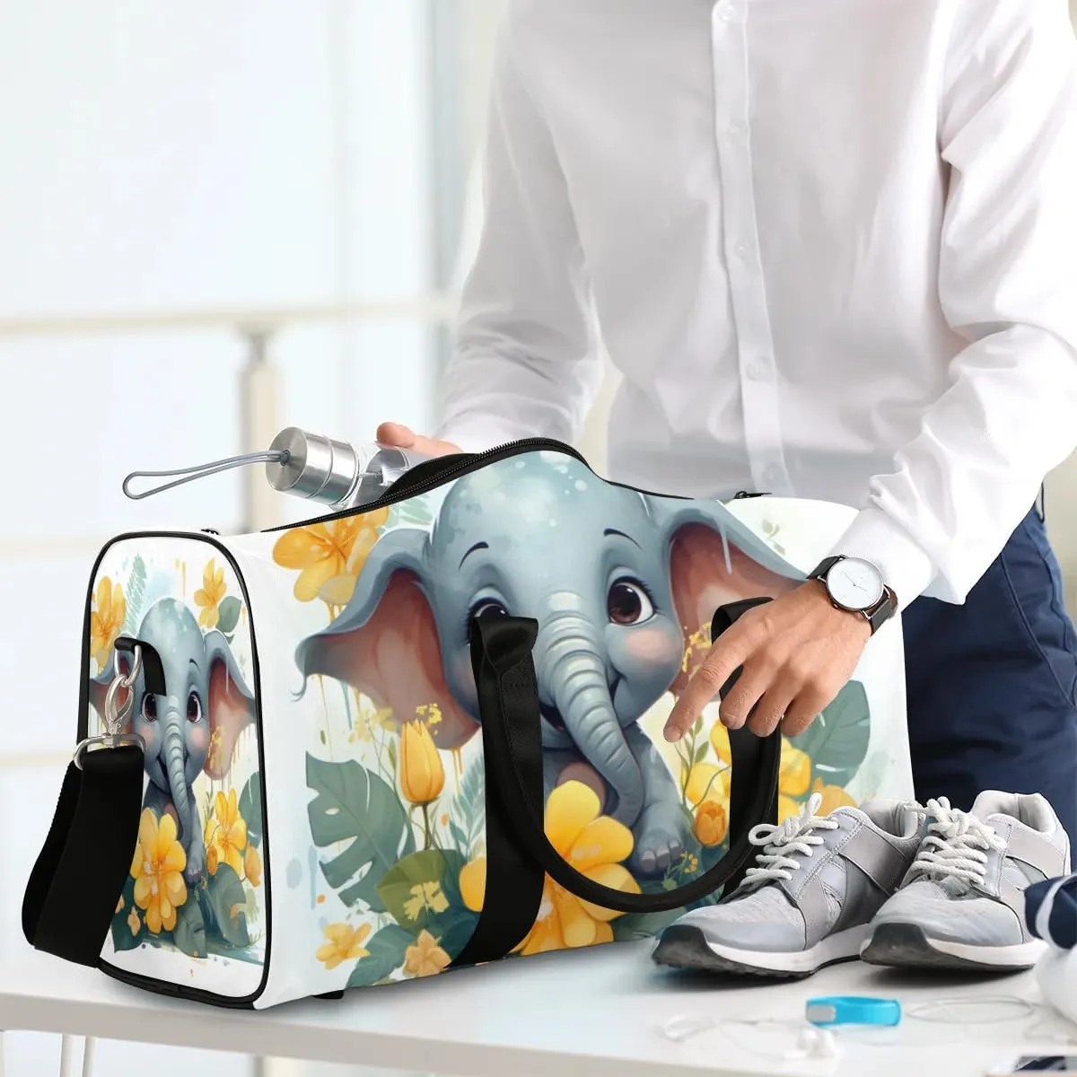 Cute Elephant Travel Duffel Bag for Women Men Waterproof Foldable Overnight Weekender Bag Large Capacity Sports Gym Bag