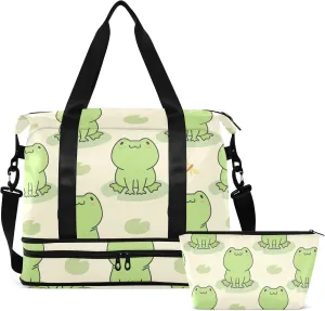 Cute Frog Travel Duffel Bag for Women Men Gym Bag with Shoe Compartment Wet Pocket Carry On Weekender Overnight Bags for Airline Travel Gym