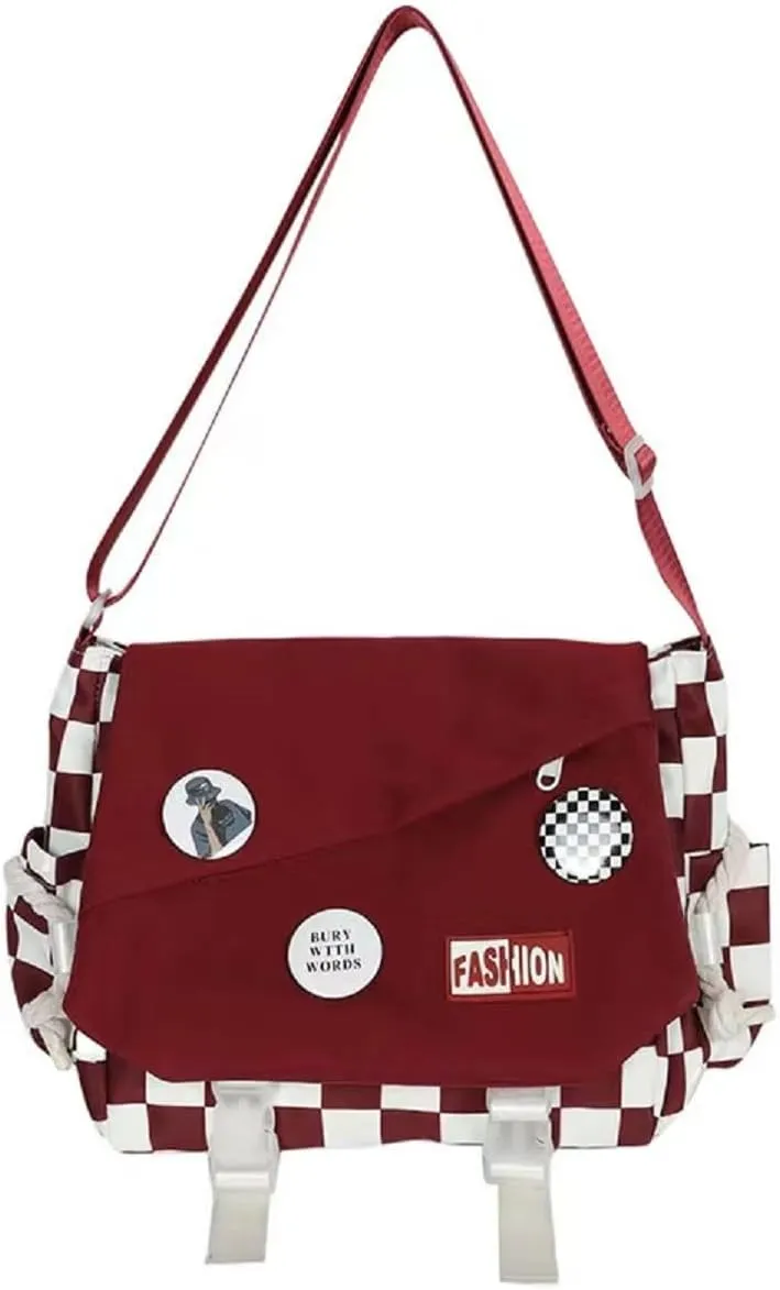 Cute Messenger Bag Casual Checkered Crossbody Bag for Women Men Aesthetic Bag with Pins Shoulder Bag Tote Purse