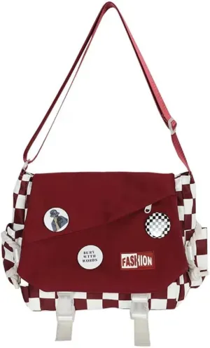 Cute Messenger Bag Casual Checkered Crossbody Bag for Women Men Aesthetic Bag with Pins Shoulder Bag Tote Purse