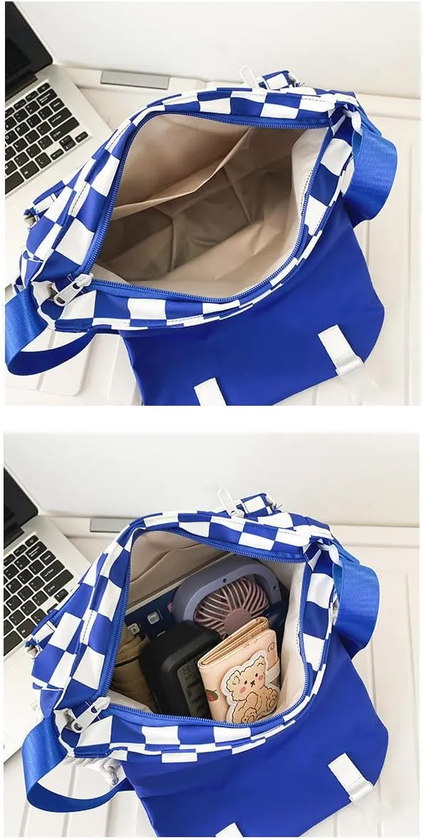 Cute Messenger Bag Casual Checkered Crossbody Bag for Women Men Aesthetic Bag with Pins Shoulder Bag Tote Purse