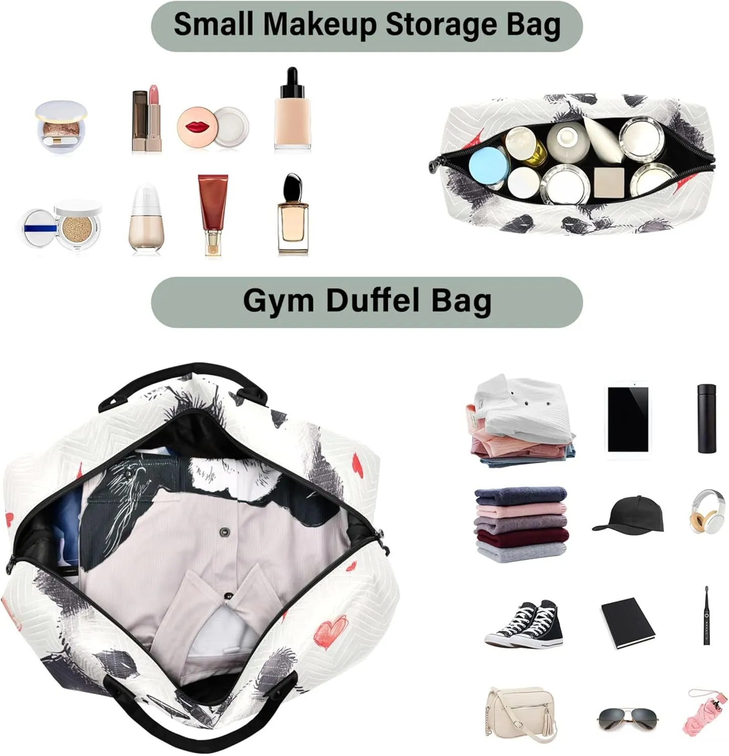 Cute Panda Couple Hug Duffle Bag for Travel Makeup Bag Set of 2, Colorful Womens Gym Bags Tote Traveling Bags