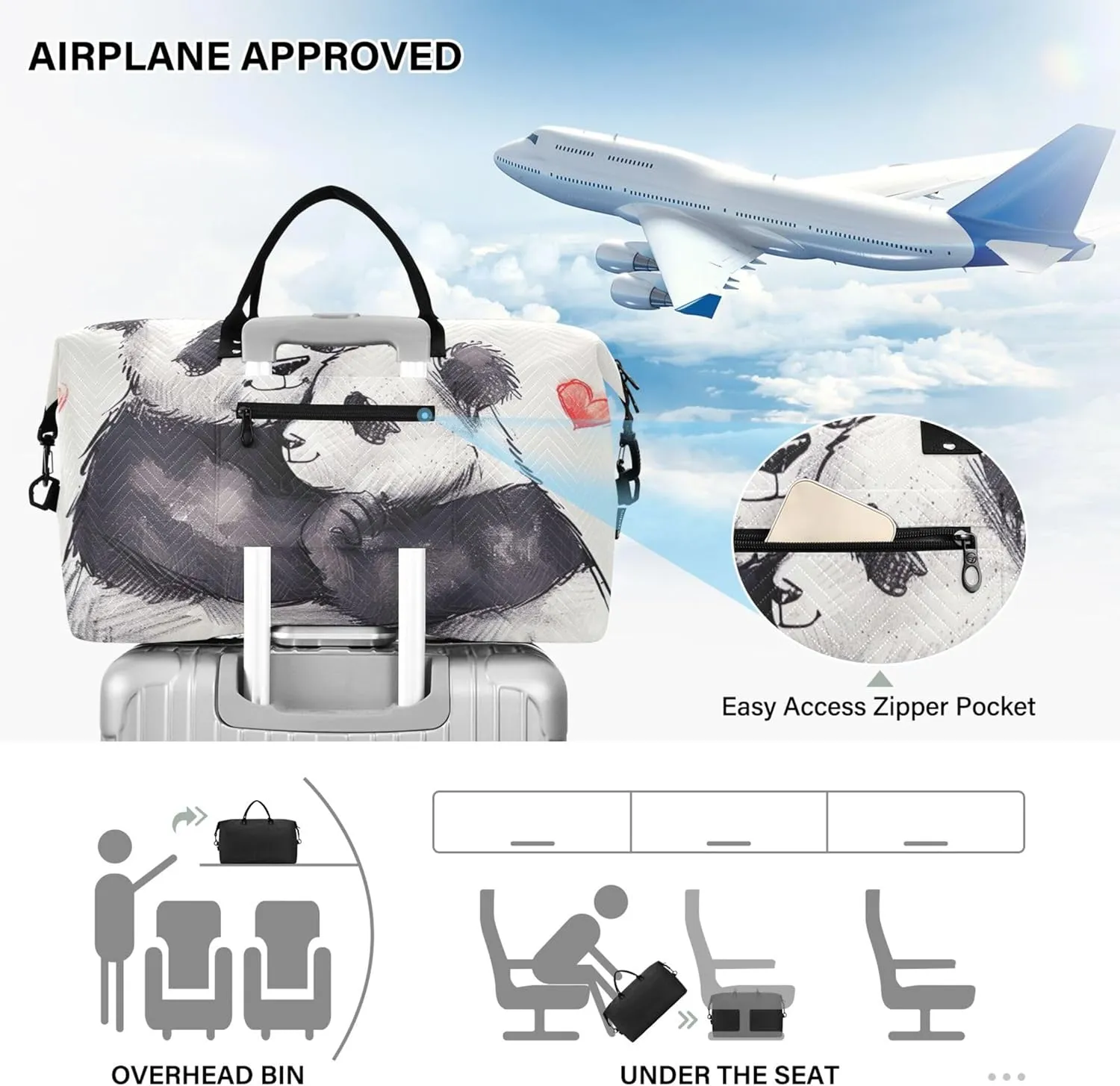 Cute Panda Couple Hug Duffle Bag for Travel Makeup Bag Set of 2, Colorful Womens Gym Bags Tote Traveling Bags