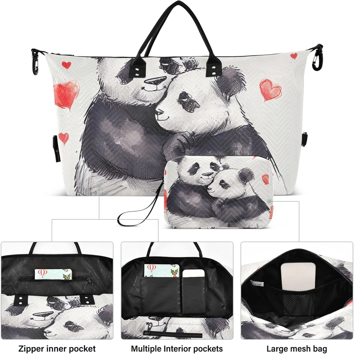 Cute Panda Couple Hug Duffle Bag for Travel Makeup Bag Set of 2, Colorful Womens Gym Bags Tote Traveling Bags