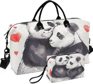 Cute Panda Couple Hug Duffle Bag for Travel Makeup Bag Set of 2, Colorful Womens Gym Bags Tote Traveling Bags