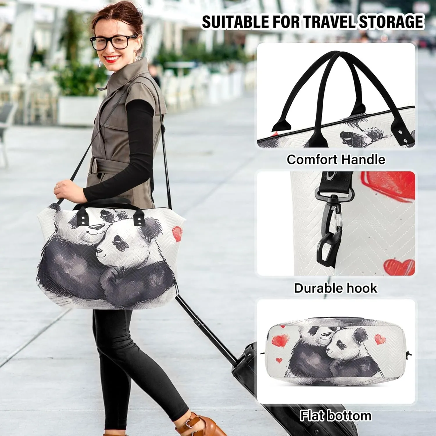 Cute Panda Couple Hug Duffle Bag for Travel Makeup Bag Set of 2, Colorful Womens Gym Bags Tote Traveling Bags