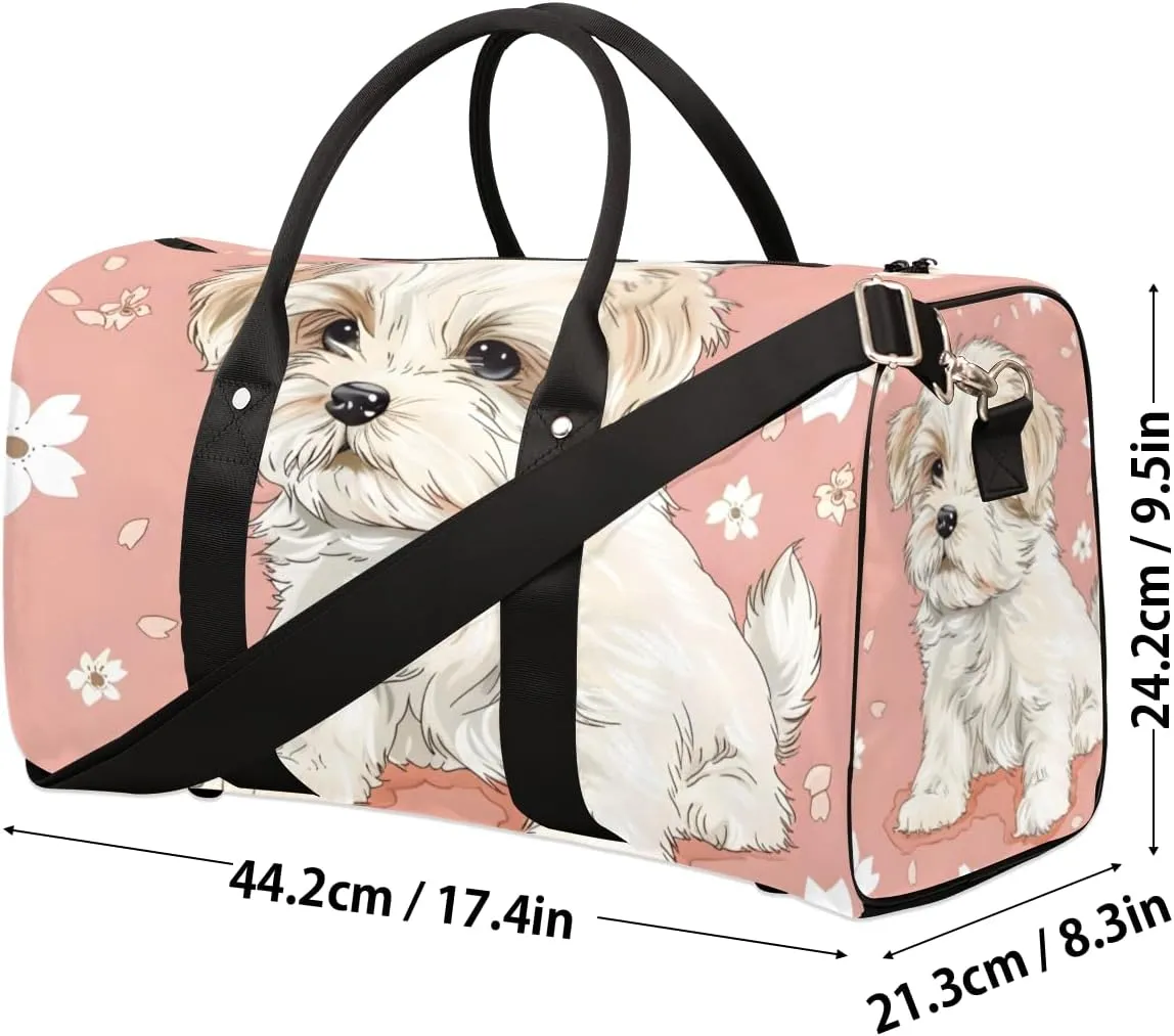 Cute Puppy Travel Duffle Bag for Women Men Gym Duffel Foldable Bag Waterproof Weekender White Floret Duffle Tote