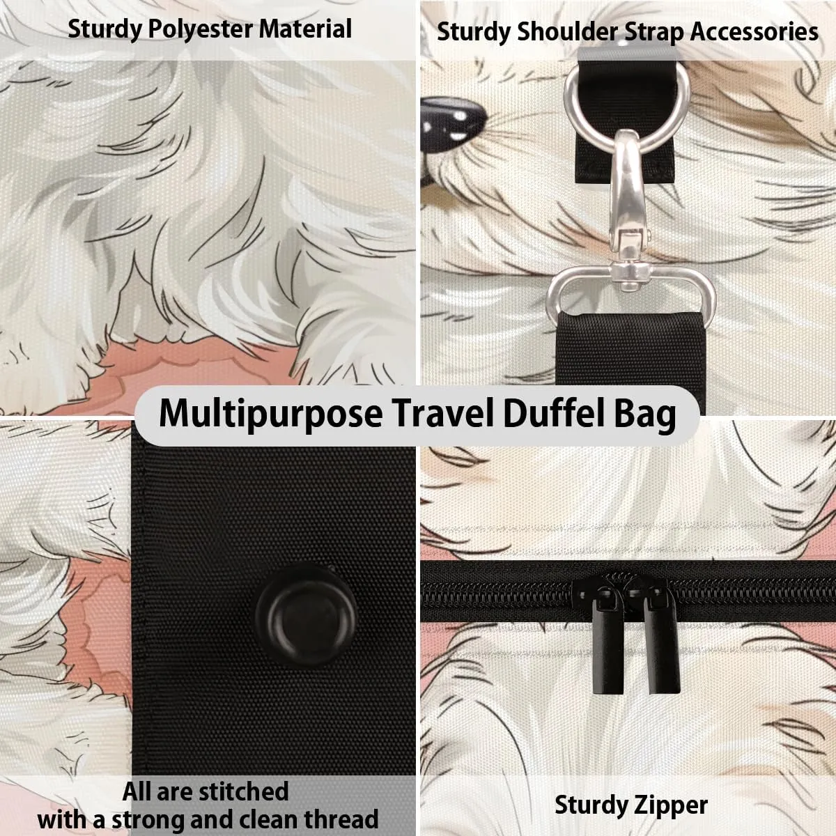 Cute Puppy Travel Duffle Bag for Women Men Gym Duffel Foldable Bag Waterproof Weekender White Floret Duffle Tote