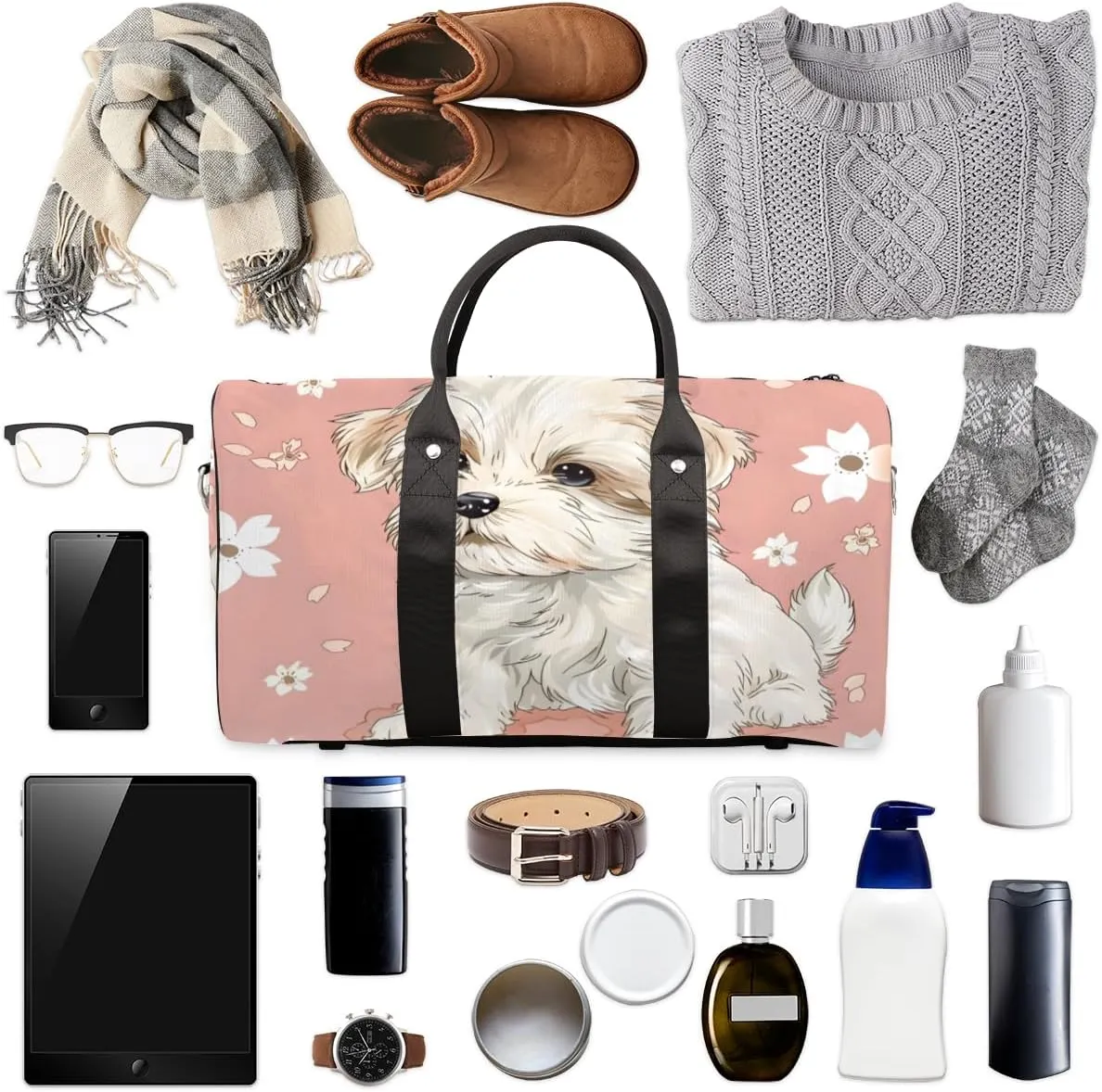 Cute Puppy Travel Duffle Bag for Women Men Gym Duffel Foldable Bag Waterproof Weekender White Floret Duffle Tote