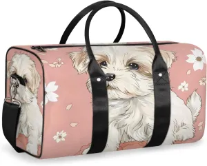 Cute Puppy Travel Duffle Bag for Women Men Gym Duffel Foldable Bag Waterproof Weekender White Floret Duffle Tote