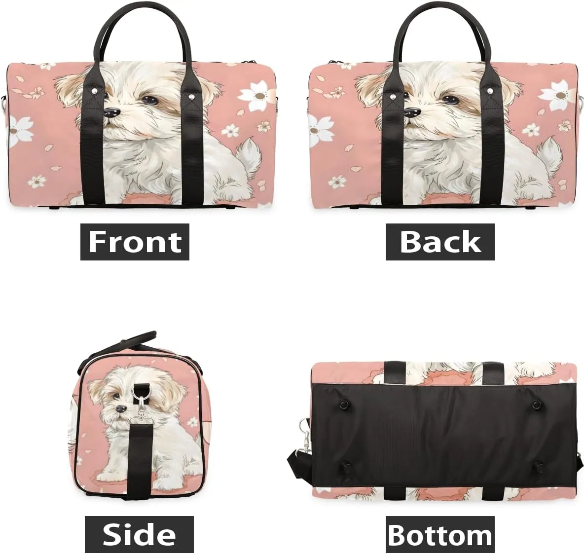 Cute Puppy Travel Duffle Bag for Women Men Gym Duffel Foldable Bag Waterproof Weekender White Floret Duffle Tote