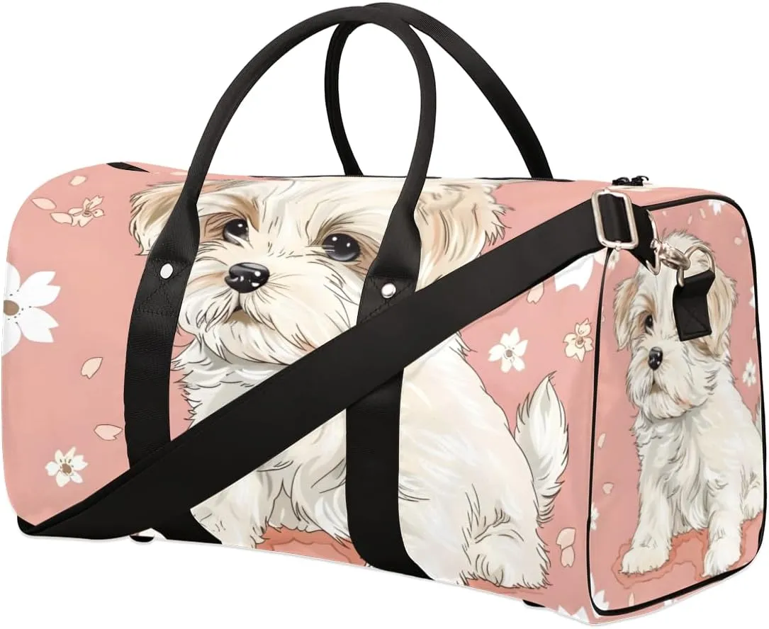 Cute Puppy Travel Duffle Bag for Women Men Gym Duffel Foldable Bag Waterproof Weekender White Floret Duffle Tote