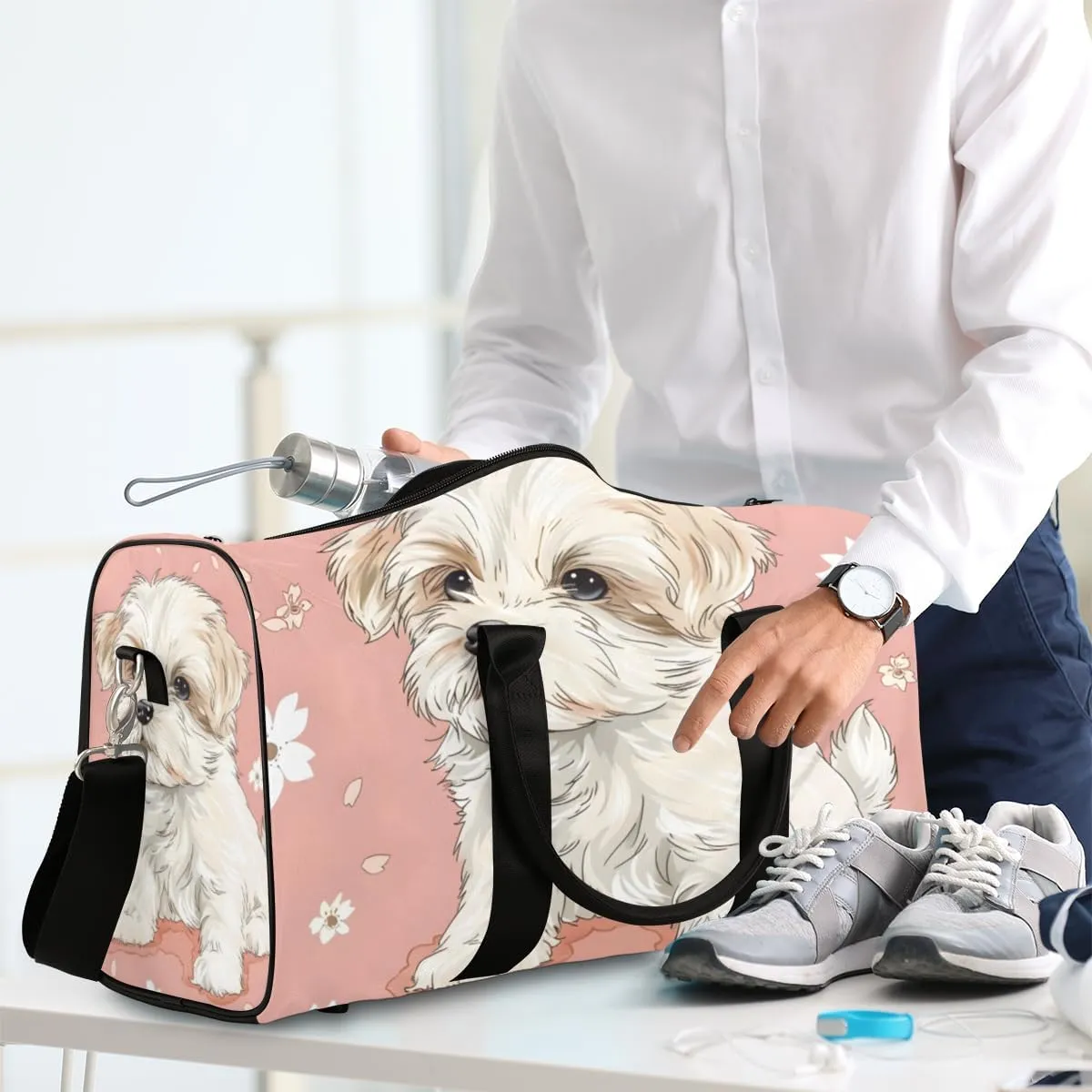 Cute Puppy Travel Duffle Bag for Women Men Gym Duffel Foldable Bag Waterproof Weekender White Floret Duffle Tote
