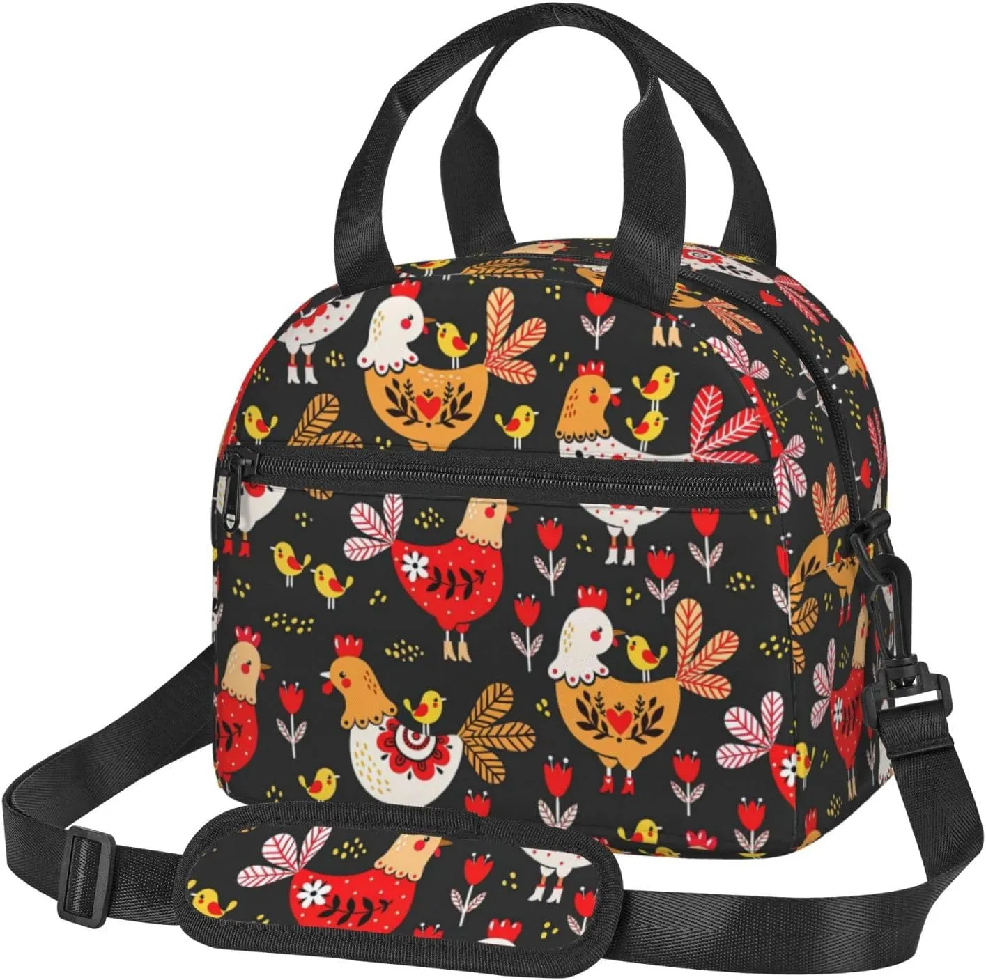Cute Rooster Chickens Print Lunch Bag Adult Lunch Box for Women and Men with Adjustable Shoulder Adult Tote Bags
