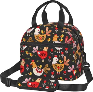 Cute Rooster Chickens Print Lunch Bag Adult Lunch Box for Women and Men with Adjustable Shoulder Adult Tote Bags