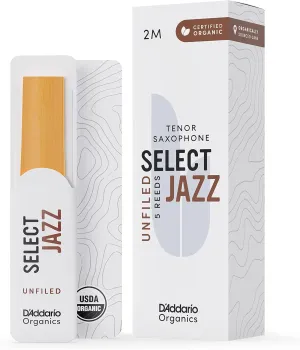 D'Addario Organic Select Jazz Tenor Saxophone Reeds, Unfiled, Strength 2 Medium, Pack of 5