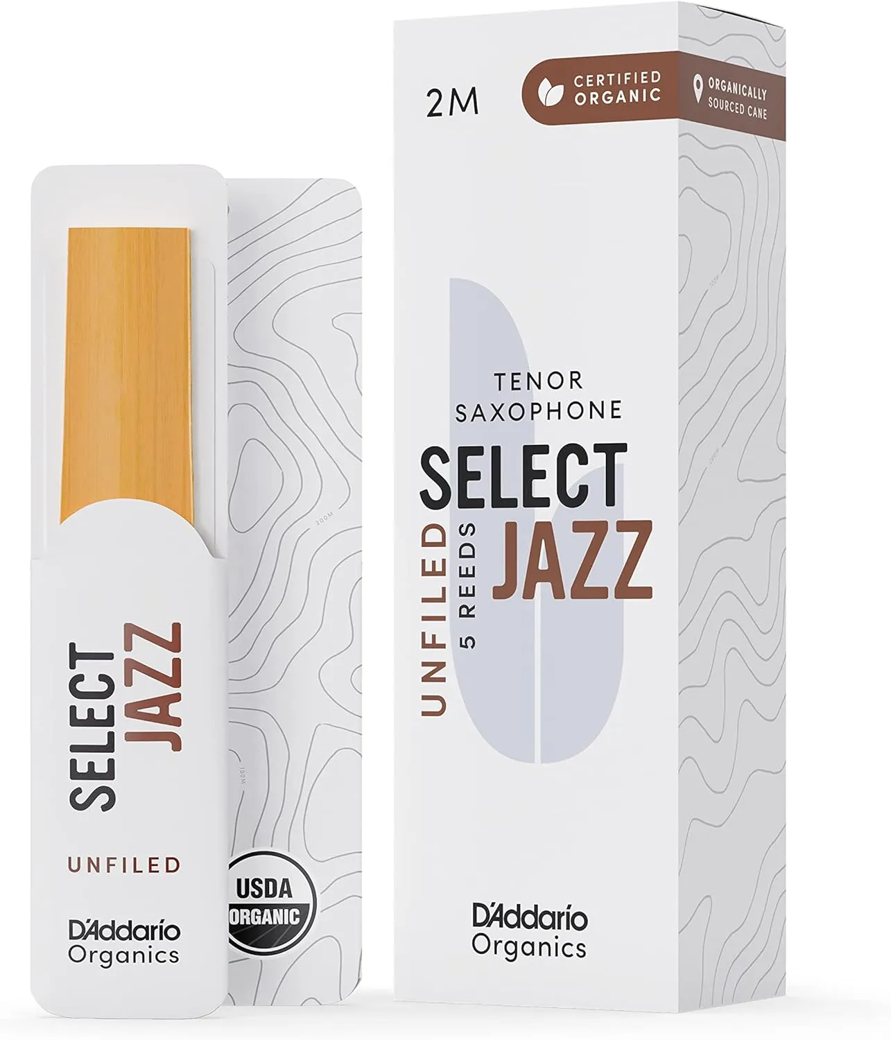 D'Addario Organic Select Jazz Tenor Saxophone Reeds, Unfiled, Strength 2 Medium, Pack of 5