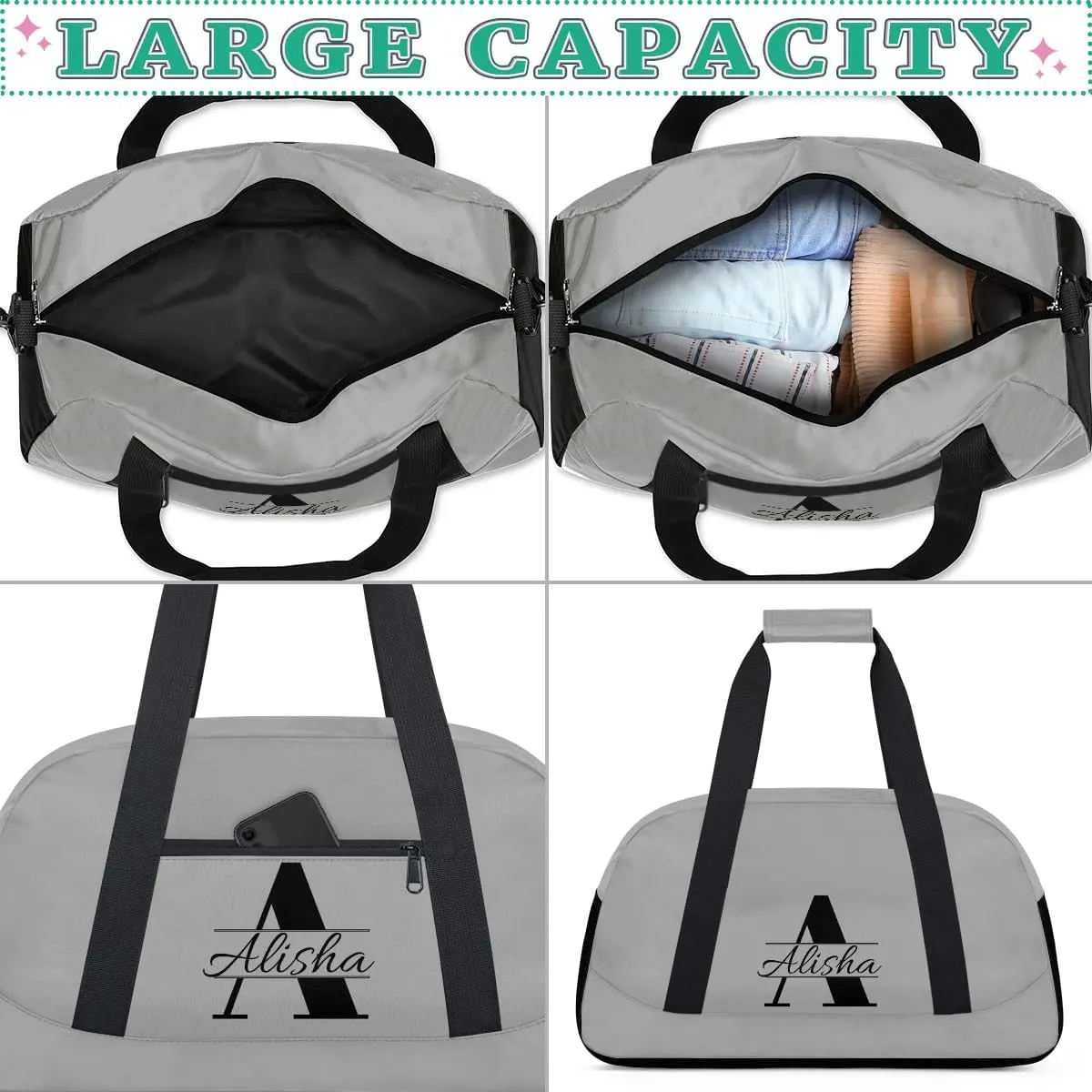 Dark Gray Personalized Duffel Bag, Custom Travel Bag with Name, Initial Weekender Overnight Bag Monogram Sport Gym Bags for Women Men