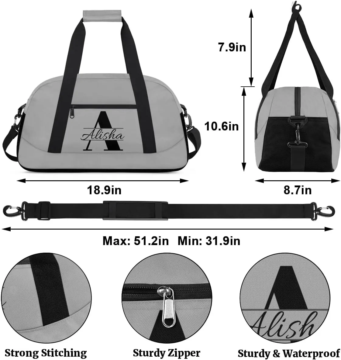 Dark Gray Personalized Duffel Bag, Custom Travel Bag with Name, Initial Weekender Overnight Bag Monogram Sport Gym Bags for Women Men