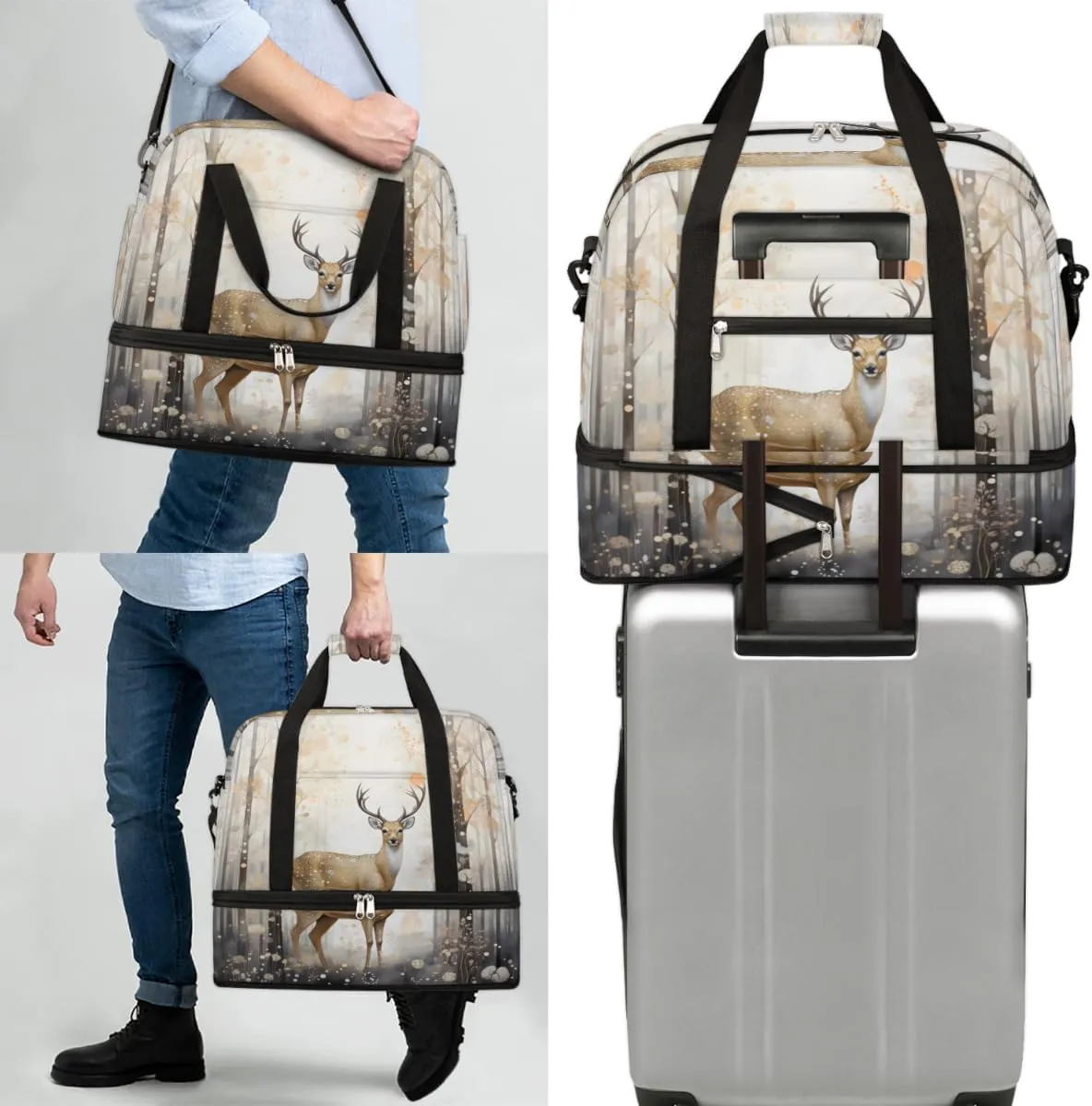 Deer Animal Foldable Travel Duffel Bag Overnight Weekender Bag with Shoes Compartment Sports Gym Bag for Men Women