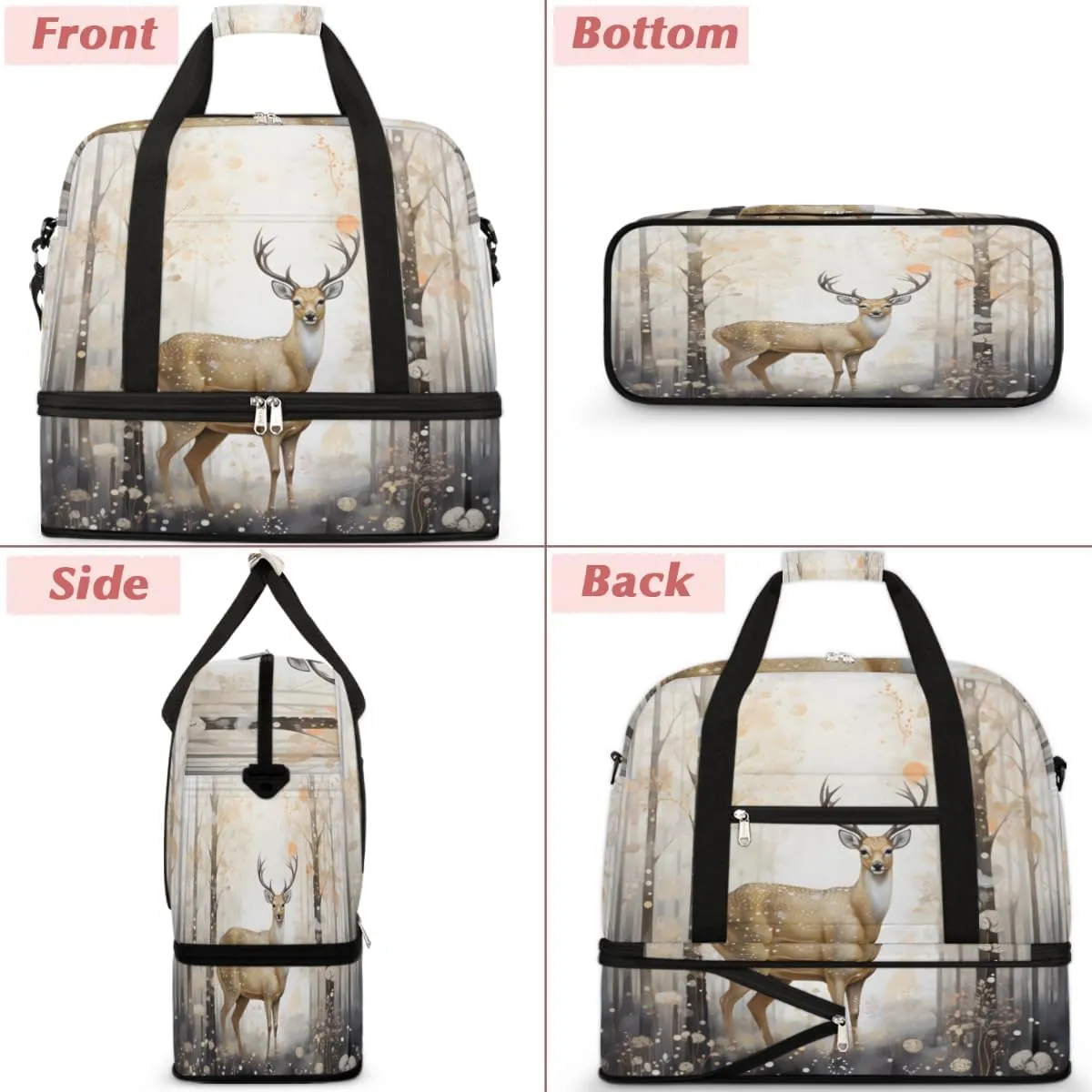 Deer Animal Foldable Travel Duffel Bag Overnight Weekender Bag with Shoes Compartment Sports Gym Bag for Men Women