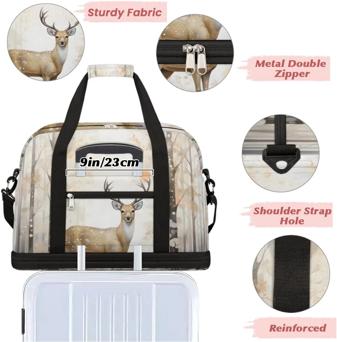 Deer Animal Foldable Travel Duffel Bag Overnight Weekender Bag with Shoes Compartment Sports Gym Bag for Men Women