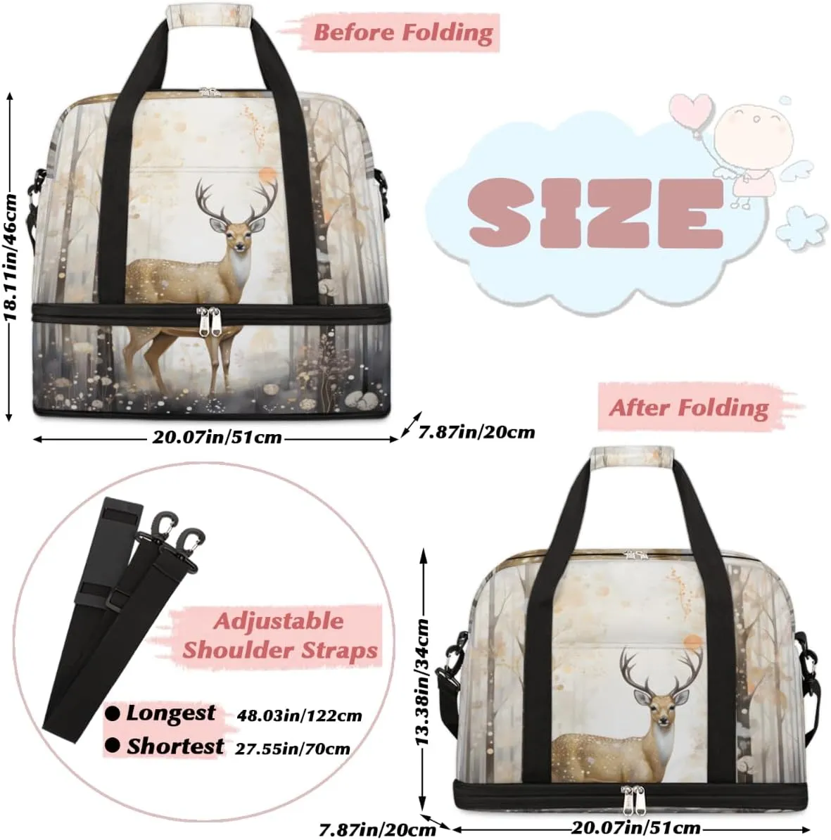 Deer Animal Foldable Travel Duffel Bag Overnight Weekender Bag with Shoes Compartment Sports Gym Bag for Men Women