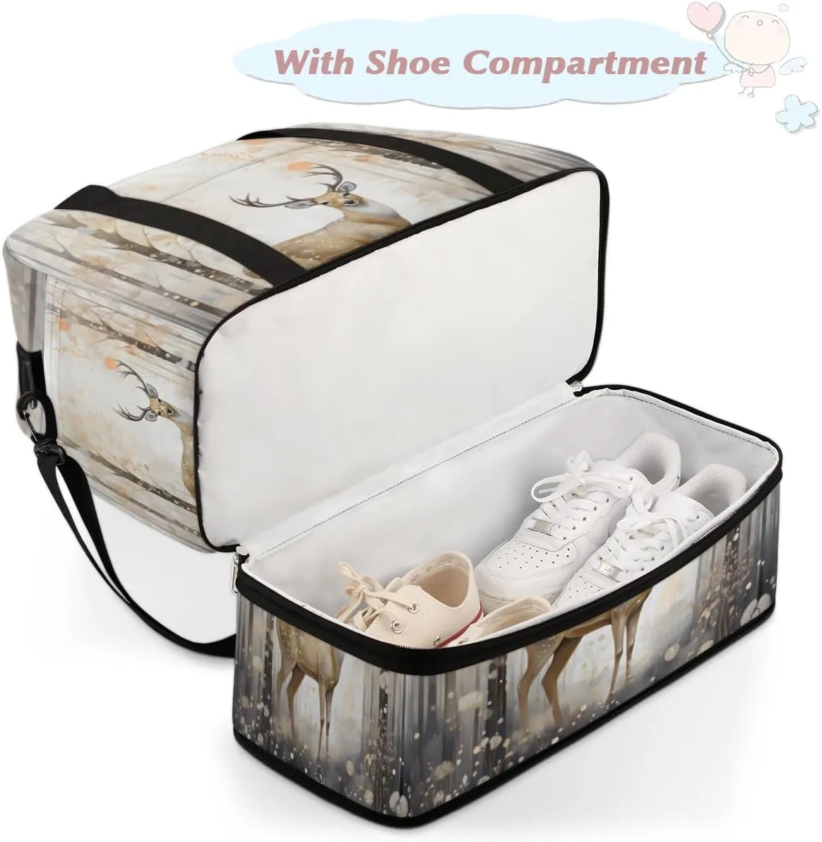 Deer Animal Foldable Travel Duffel Bag Overnight Weekender Bag with Shoes Compartment Sports Gym Bag for Men Women