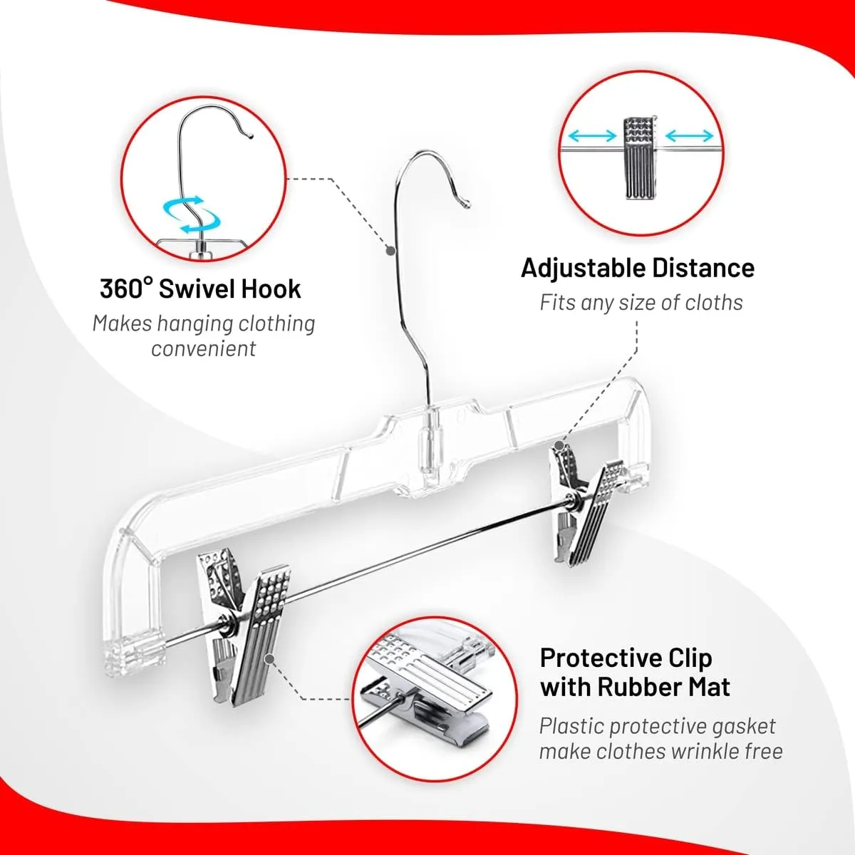 DEILSY™ Skirt Hanger Pants Hangers with Clips Hangers Shorts Hanger Clear Plastic Clothes Hangers with 2-Adjustable Clip Non-Slip Clothes Hangers Perfect for Pant, Pack of 12