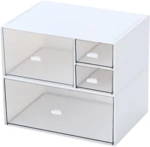 Desk Organizer with 4 Drawers, Makeup Organizer, Plastic Sundries Storage, Vanity Organizer, Cosmetic Desk Storage Box, Bathroom Counter or Dresser, White (CD-QBH-01)