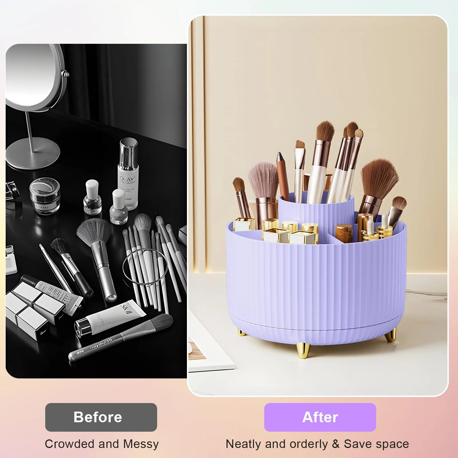 Diesisa Makeup Brush Holder Organizer,360° Rotating Makeup Brush Organizer,5 Slot Make up Brushes Cup for Cosmetics, Nail Polish, Art Supply, Bathroom Vanity Desktop Organizer - Purple