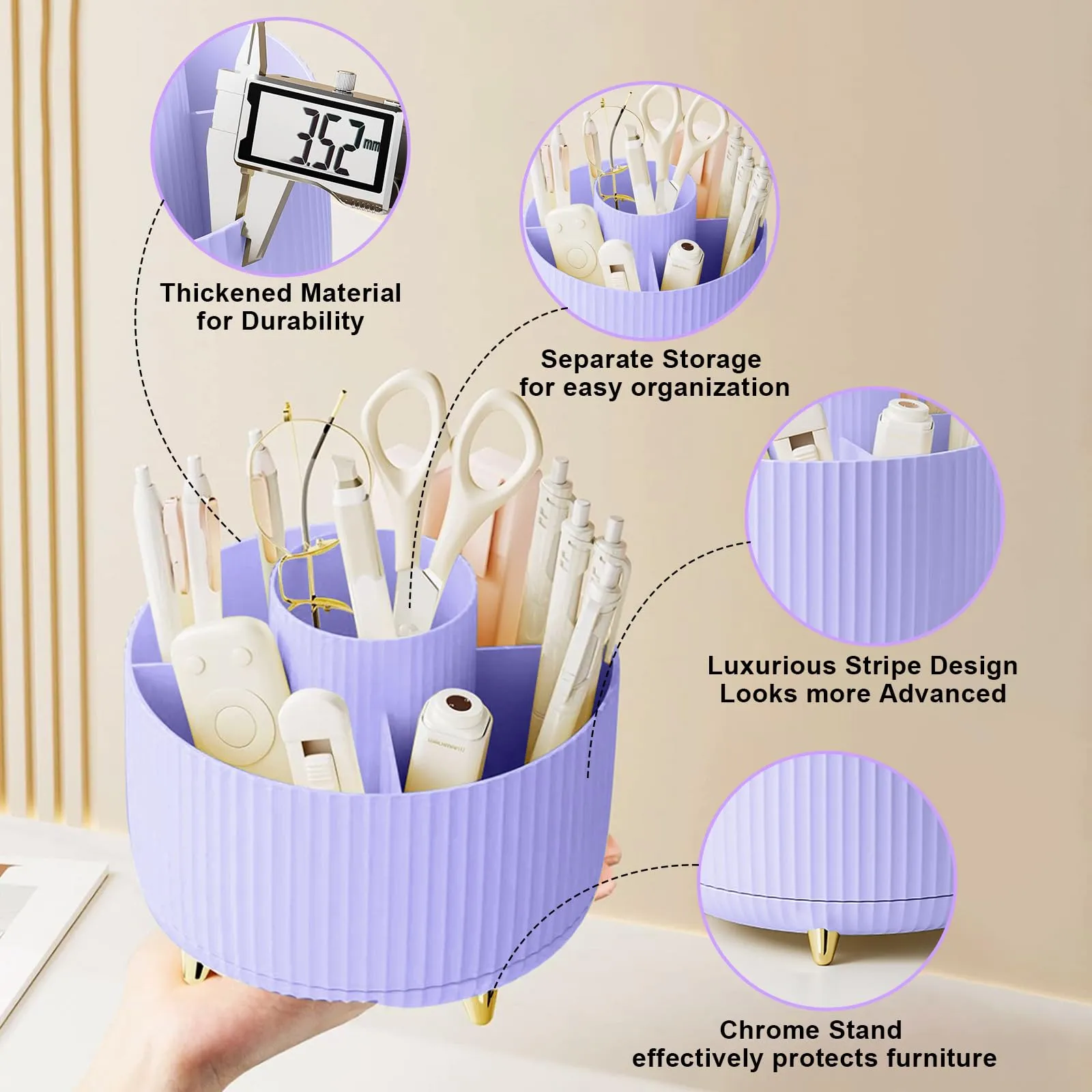 Diesisa Makeup Brush Holder Organizer,360° Rotating Makeup Brush Organizer,5 Slot Make up Brushes Cup for Cosmetics, Nail Polish, Art Supply, Bathroom Vanity Desktop Organizer - Purple
