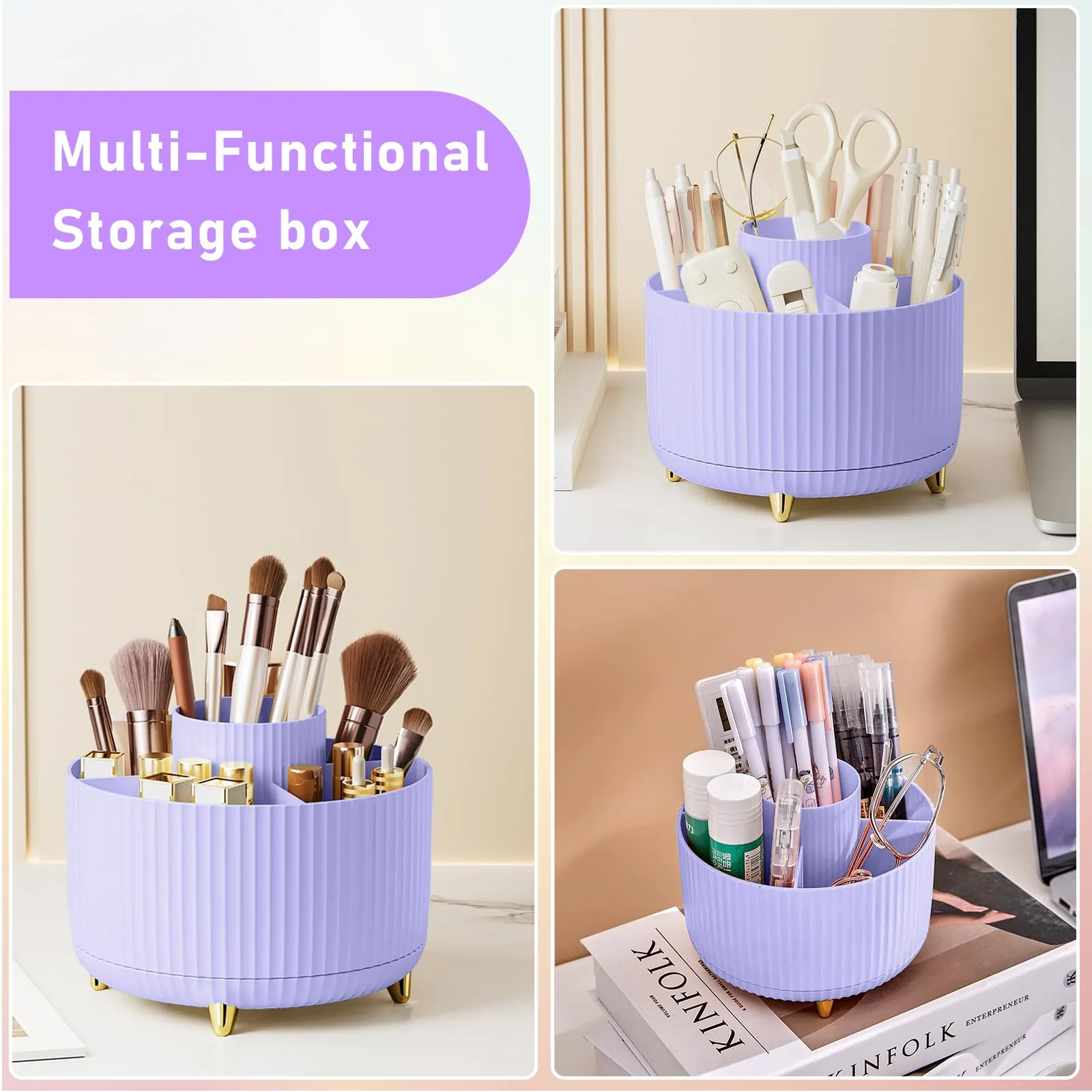 Diesisa Makeup Brush Holder Organizer,360° Rotating Makeup Brush Organizer,5 Slot Make up Brushes Cup for Cosmetics, Nail Polish, Art Supply, Bathroom Vanity Desktop Organizer - Purple
