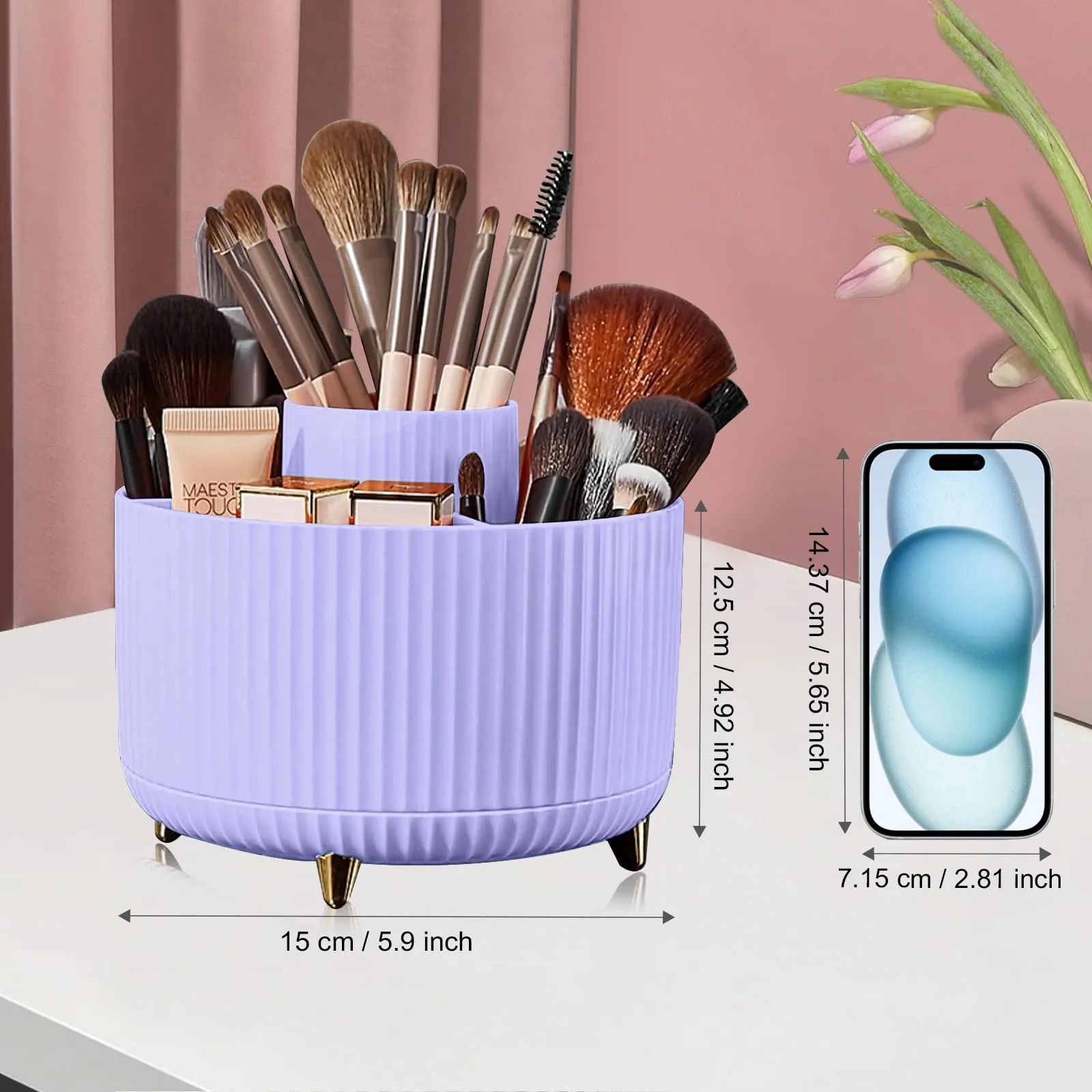 Diesisa Makeup Brush Holder Organizer,360° Rotating Makeup Brush Organizer,5 Slot Make up Brushes Cup for Cosmetics, Nail Polish, Art Supply, Bathroom Vanity Desktop Organizer - Purple