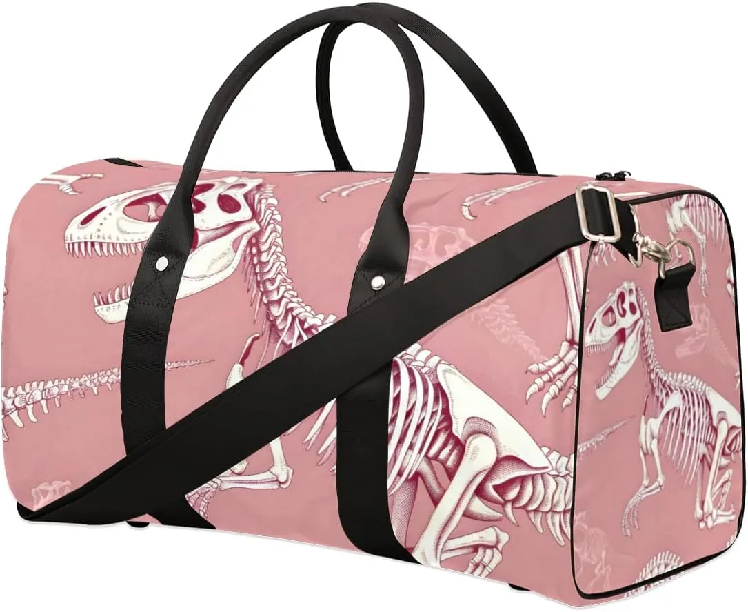 Dinosaur Skull Travel Duffle Bag for Women Men Gym Duffel Foldable Bag Waterproof Weekender Pink Bone Duffle Tote