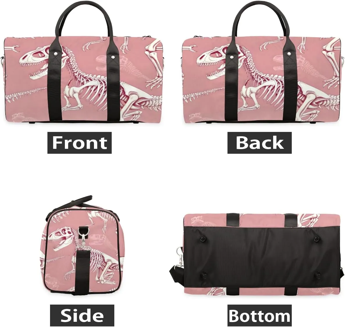 Dinosaur Skull Travel Duffle Bag for Women Men Gym Duffel Foldable Bag Waterproof Weekender Pink Bone Duffle Tote