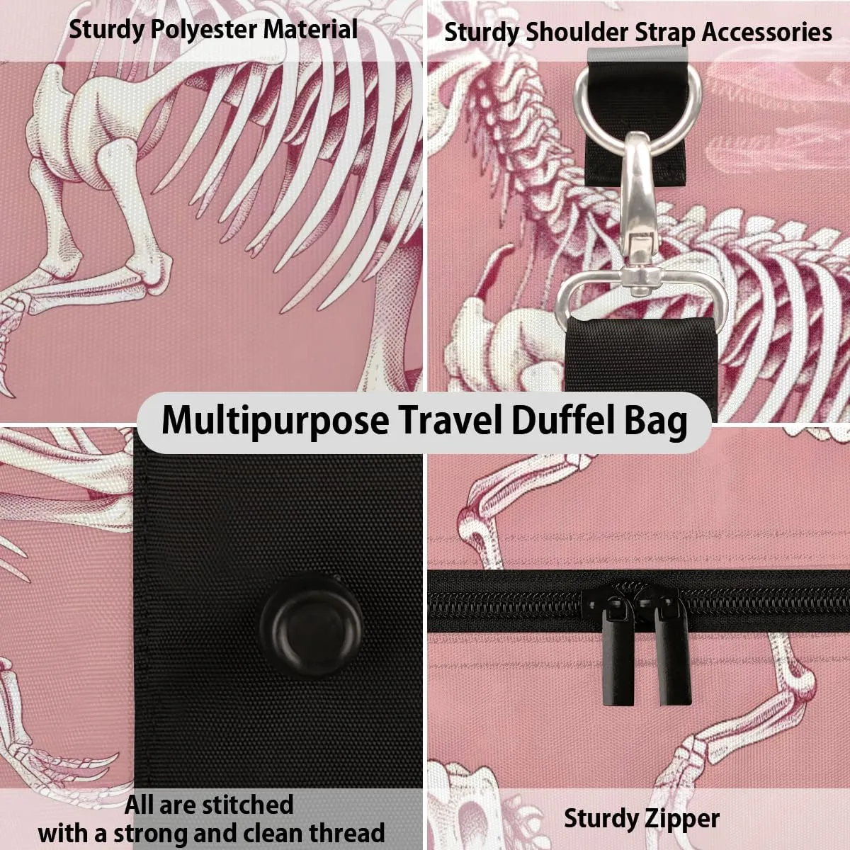 Dinosaur Skull Travel Duffle Bag for Women Men Gym Duffel Foldable Bag Waterproof Weekender Pink Bone Duffle Tote