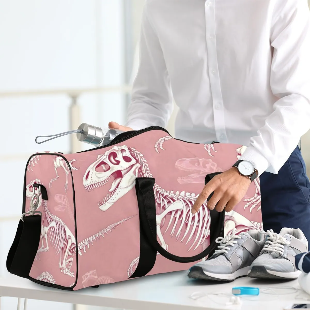 Dinosaur Skull Travel Duffle Bag for Women Men Gym Duffel Foldable Bag Waterproof Weekender Pink Bone Duffle Tote