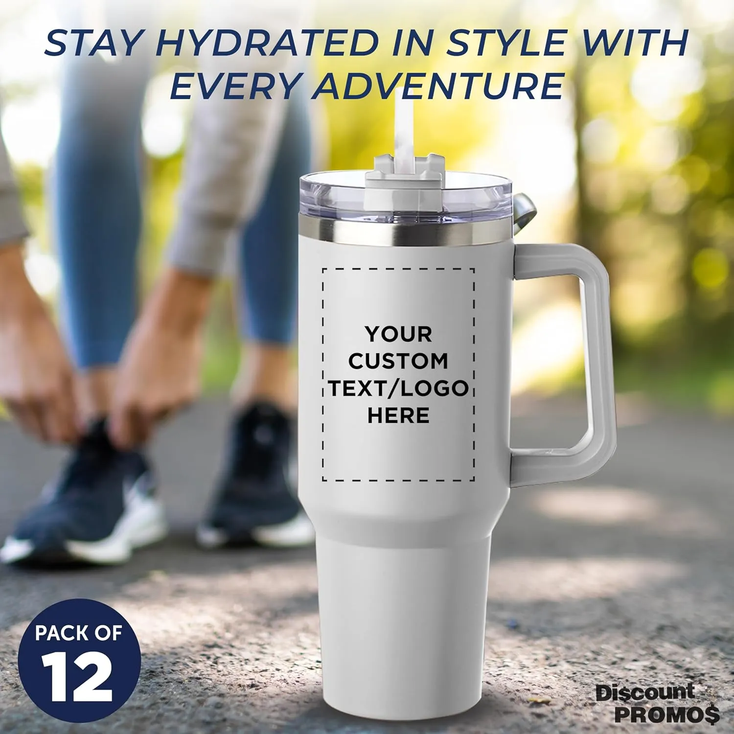 DISCOUNT PROMOS Custom Alps Stainless Steel Travel Mugs with Handle 40 oz, Set of 12, Personalized Bulk Pack - Ideal for Outdoor Adventures and Daily Commute, Great for Water or Coffee - White