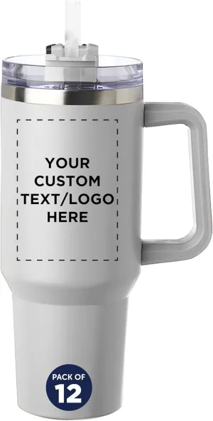 DISCOUNT PROMOS Custom Alps Stainless Steel Travel Mugs with Handle 40 oz, Set of 12, Personalized Bulk Pack - Ideal for Outdoor Adventures and Daily Commute, Great for Water or Coffee - White
