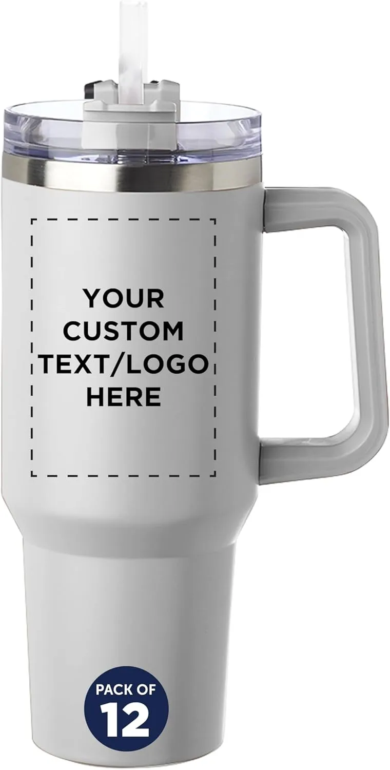 DISCOUNT PROMOS Custom Alps Stainless Steel Travel Mugs with Handle 40 oz, Set of 12, Personalized Bulk Pack - Ideal for Outdoor Adventures and Daily Commute, Great for Water or Coffee - White